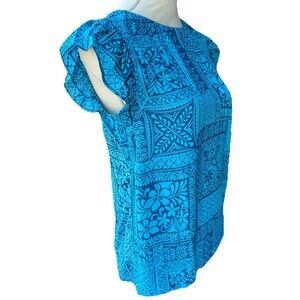 LOFT Flutter Sleeve Mixed Media Top Blue Hawaiian Flowers Floral Women’s XS NWT